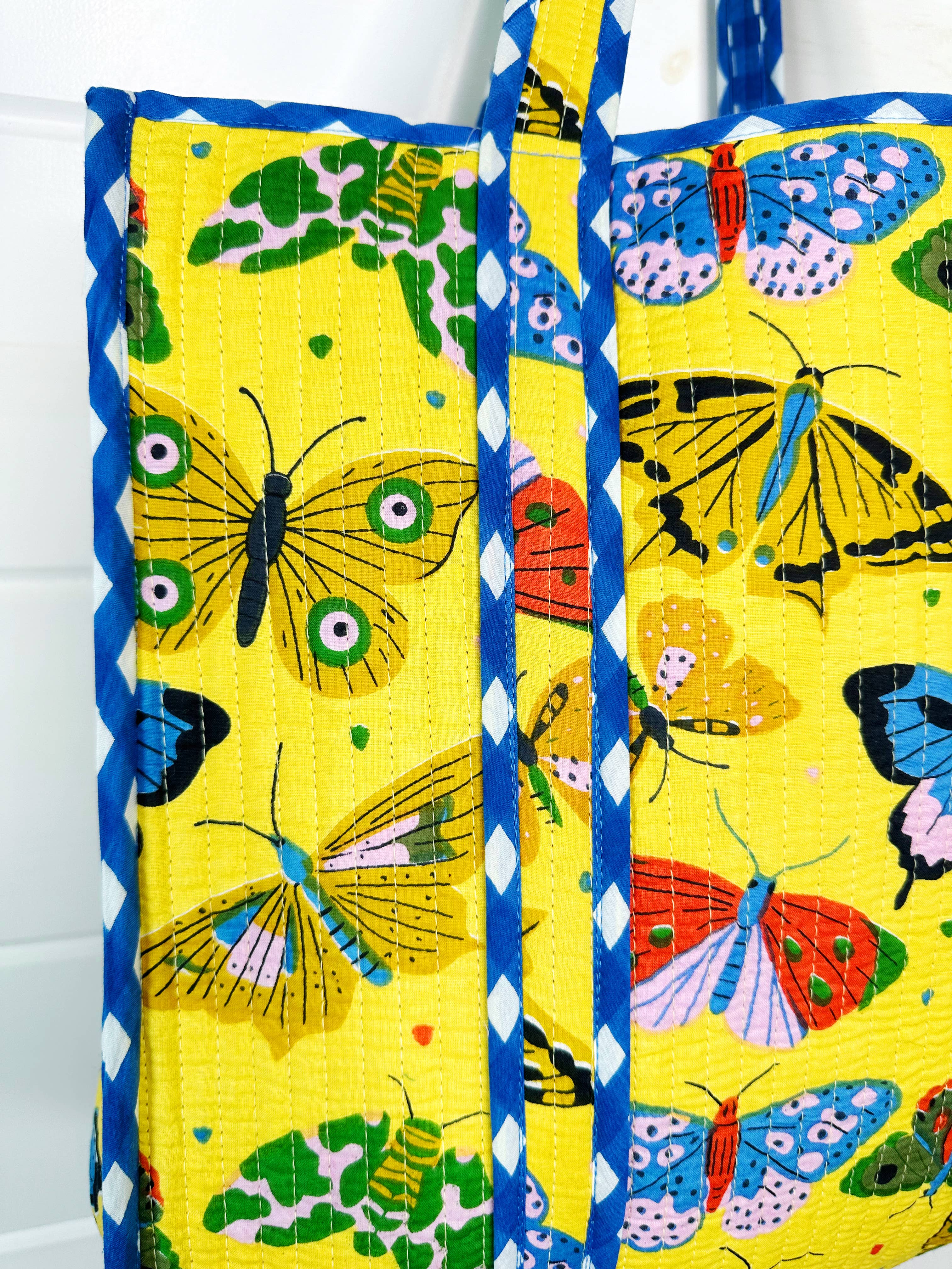 Quilted Tote Bag | Large Travel Bag | Yellow Butterfly Print