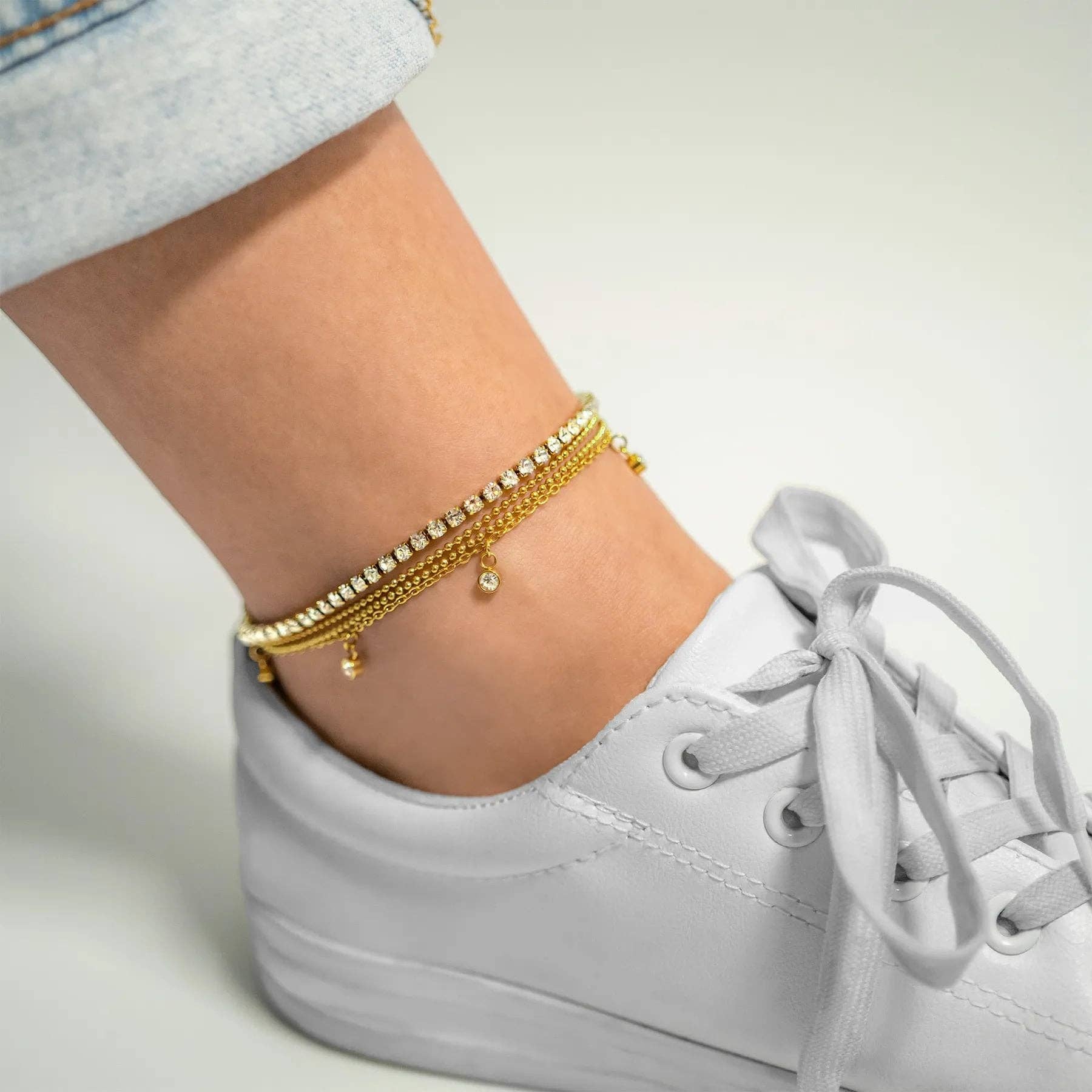 18K Gold PVD Stainless Steel Clear Stone Charm Anklet