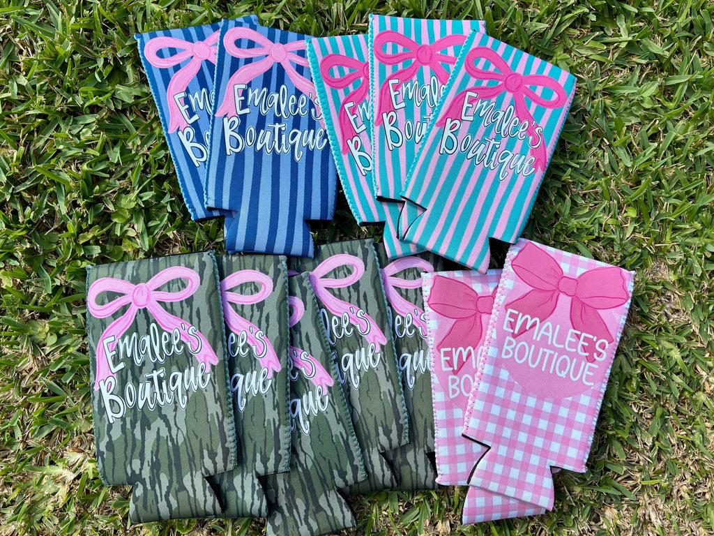 Baby pink and navy bow koozie with custom business name