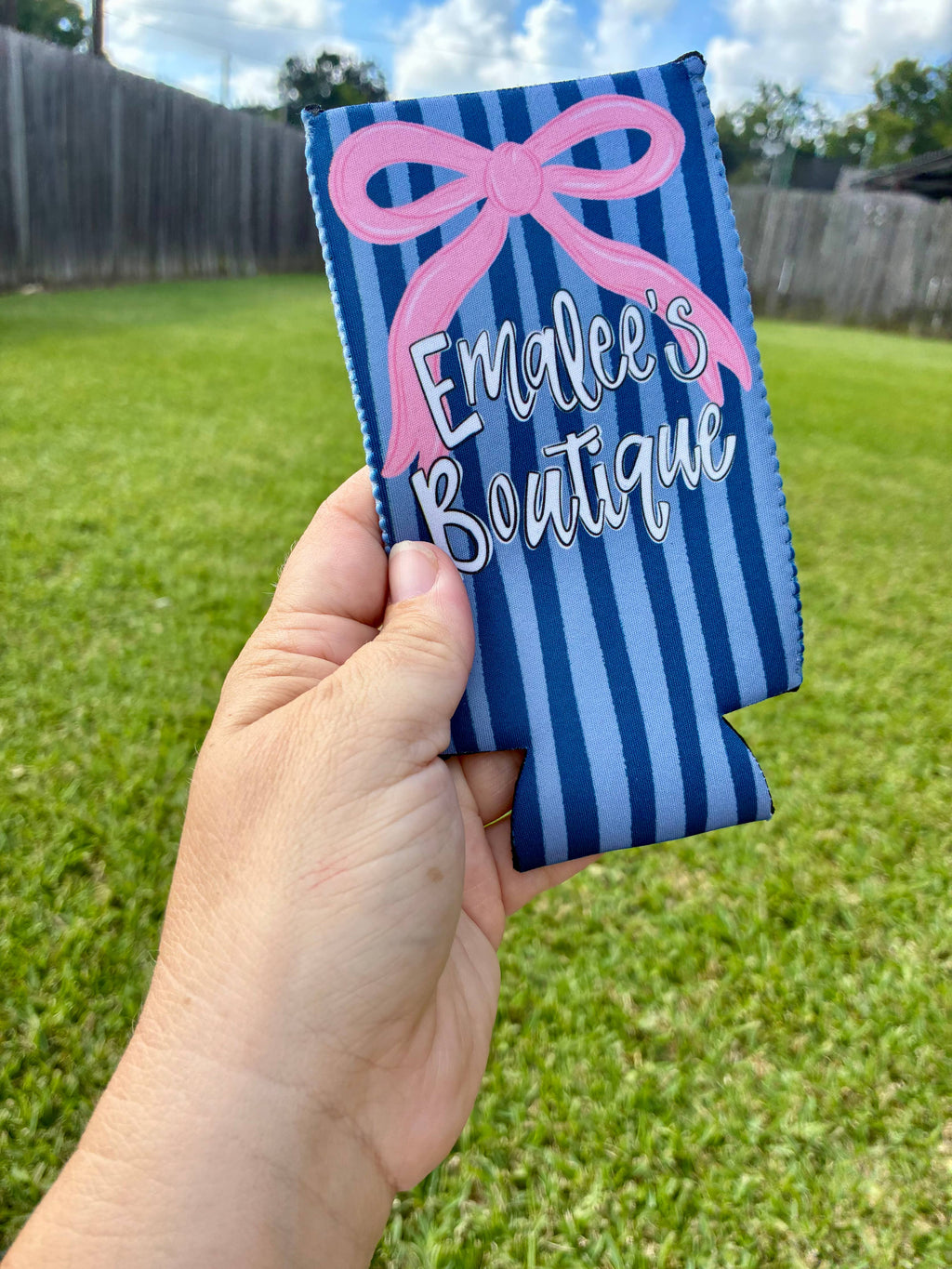 Baby pink and navy bow koozie with custom business name