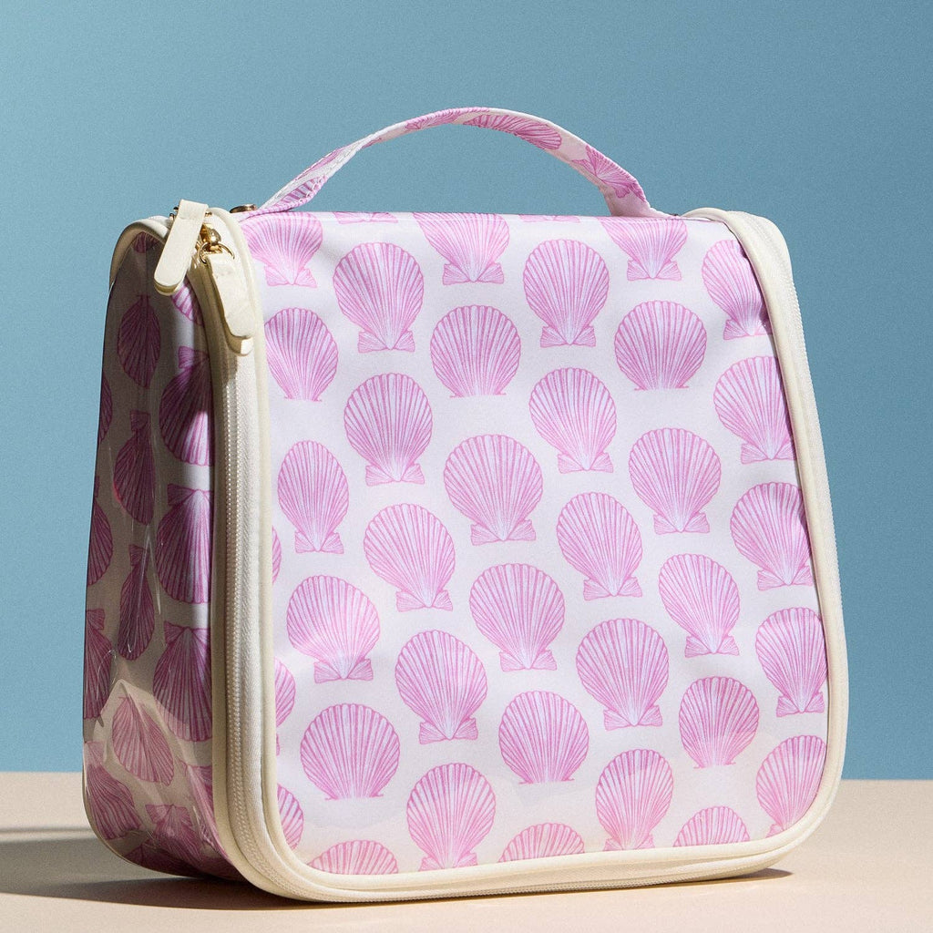 Pink Seashell Print Hanging Toiletry Bag – Travel Makeup Organizer with Handle