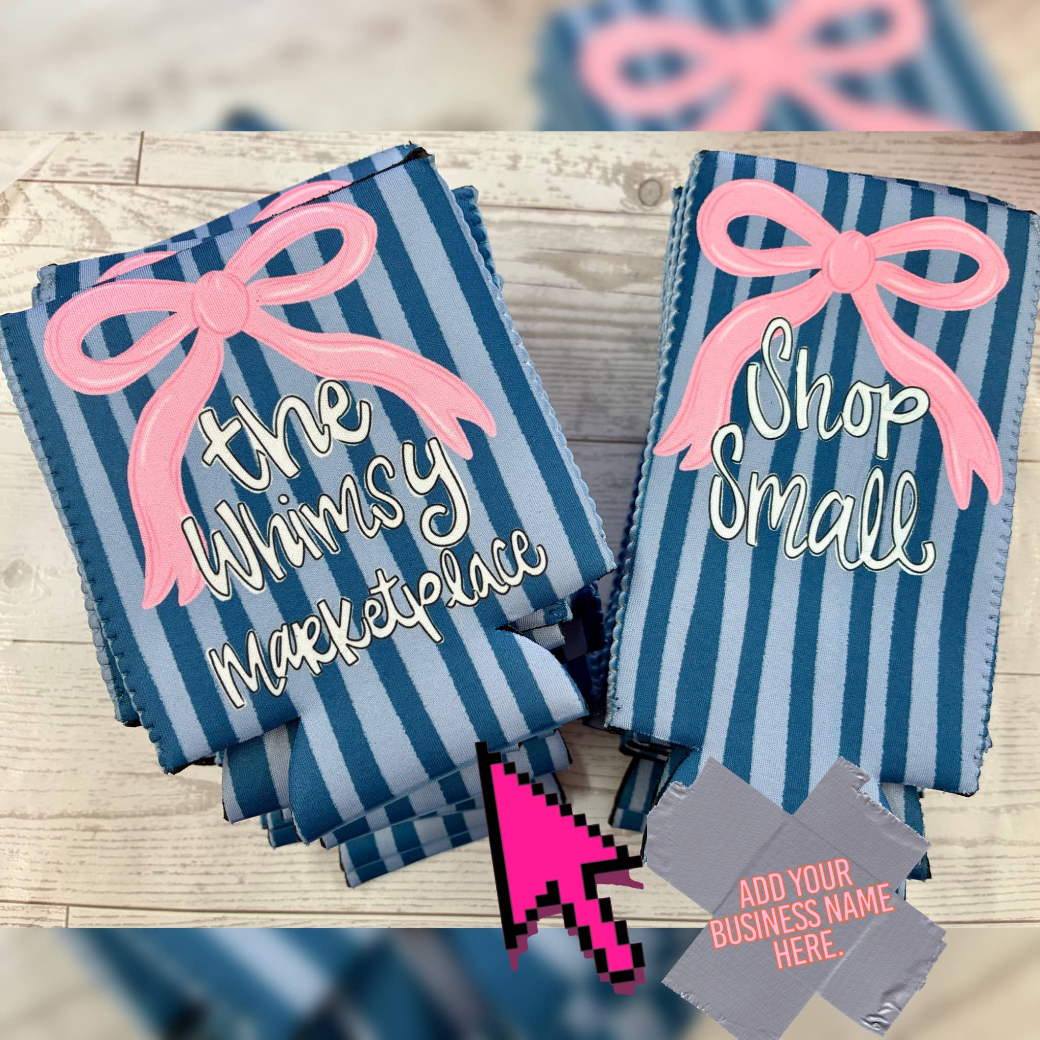 Baby pink and navy bow koozie with custom business name