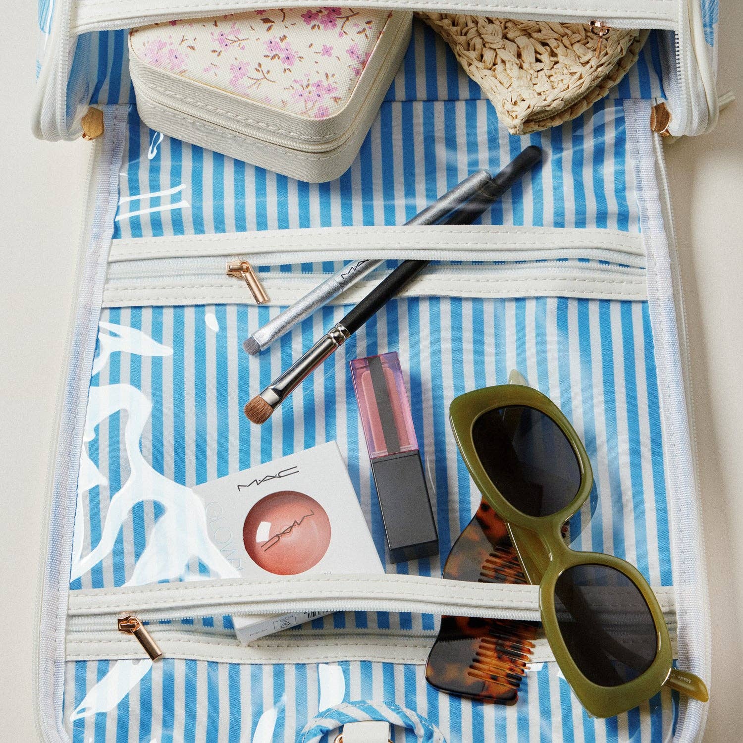Blue Seashell Print Hanging Toiletry Bag – Travel Makeup Organizer with Hook