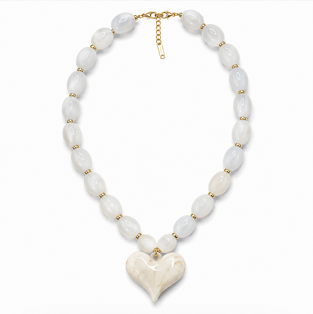 Almafi White Resin Heart Chunky Statement Necklace | Stainless Steel