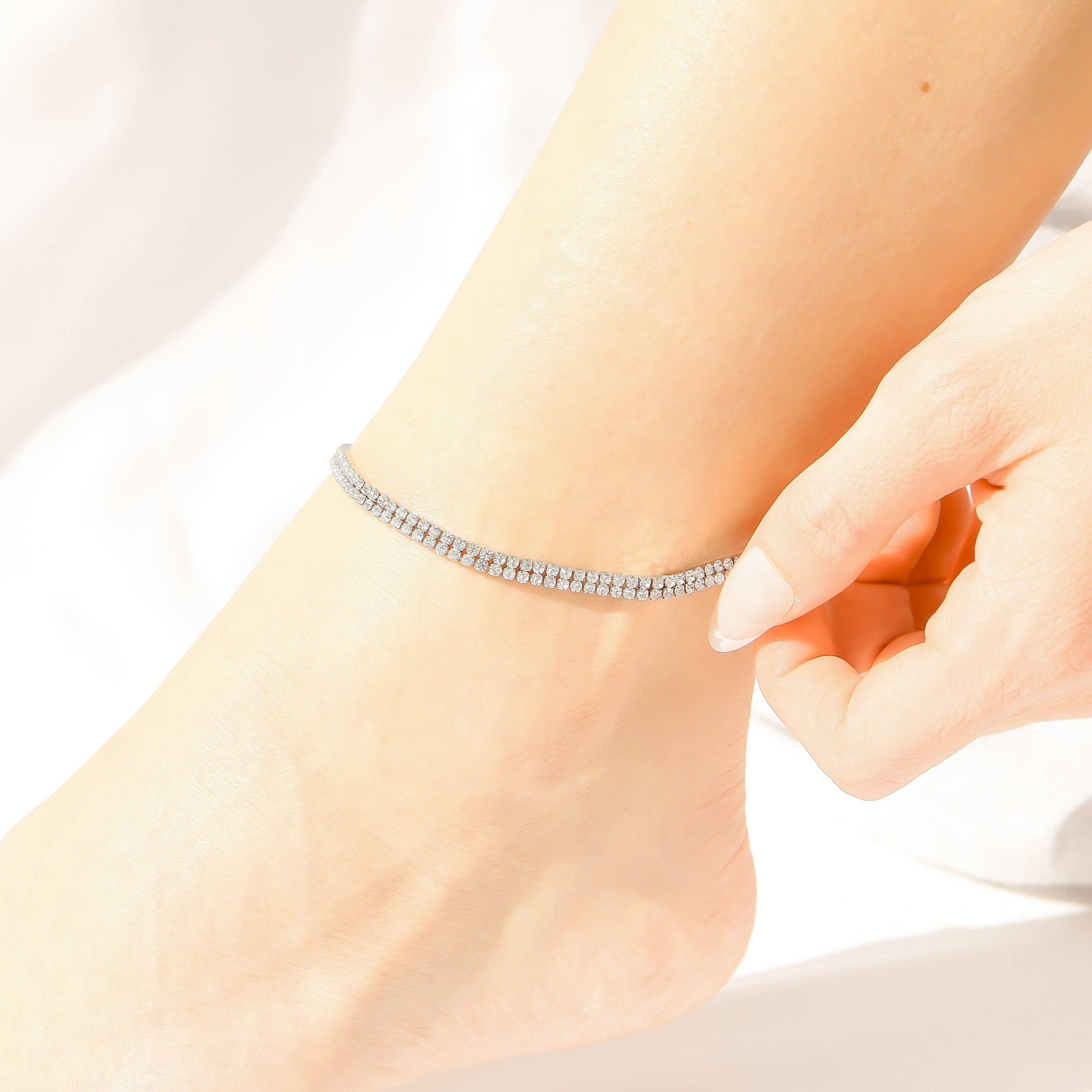 18K Gold PVD Stainless Steel Double Row Rhinestone Anklet
