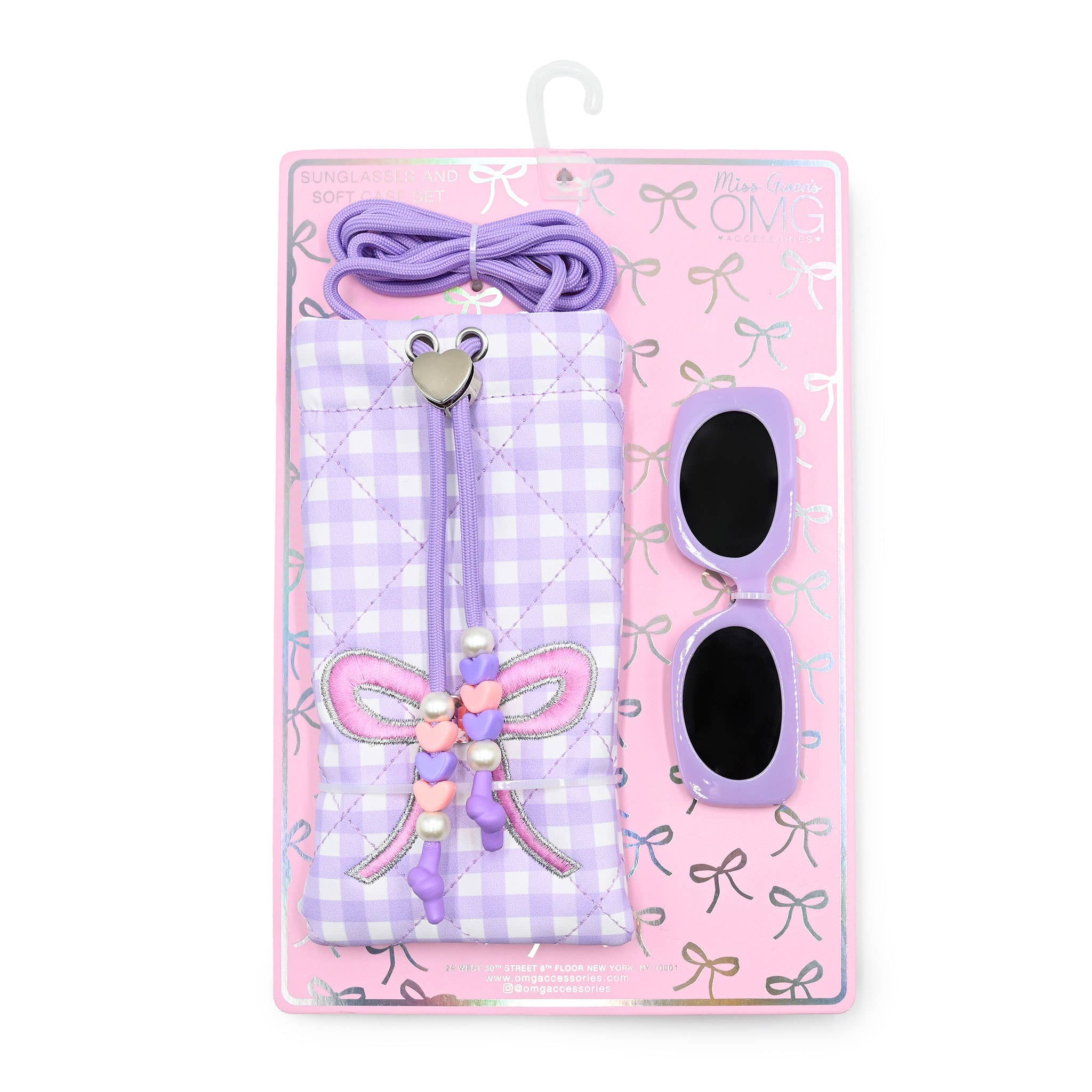 Bow Gingham Printed Drawstring Case and Sunglasses