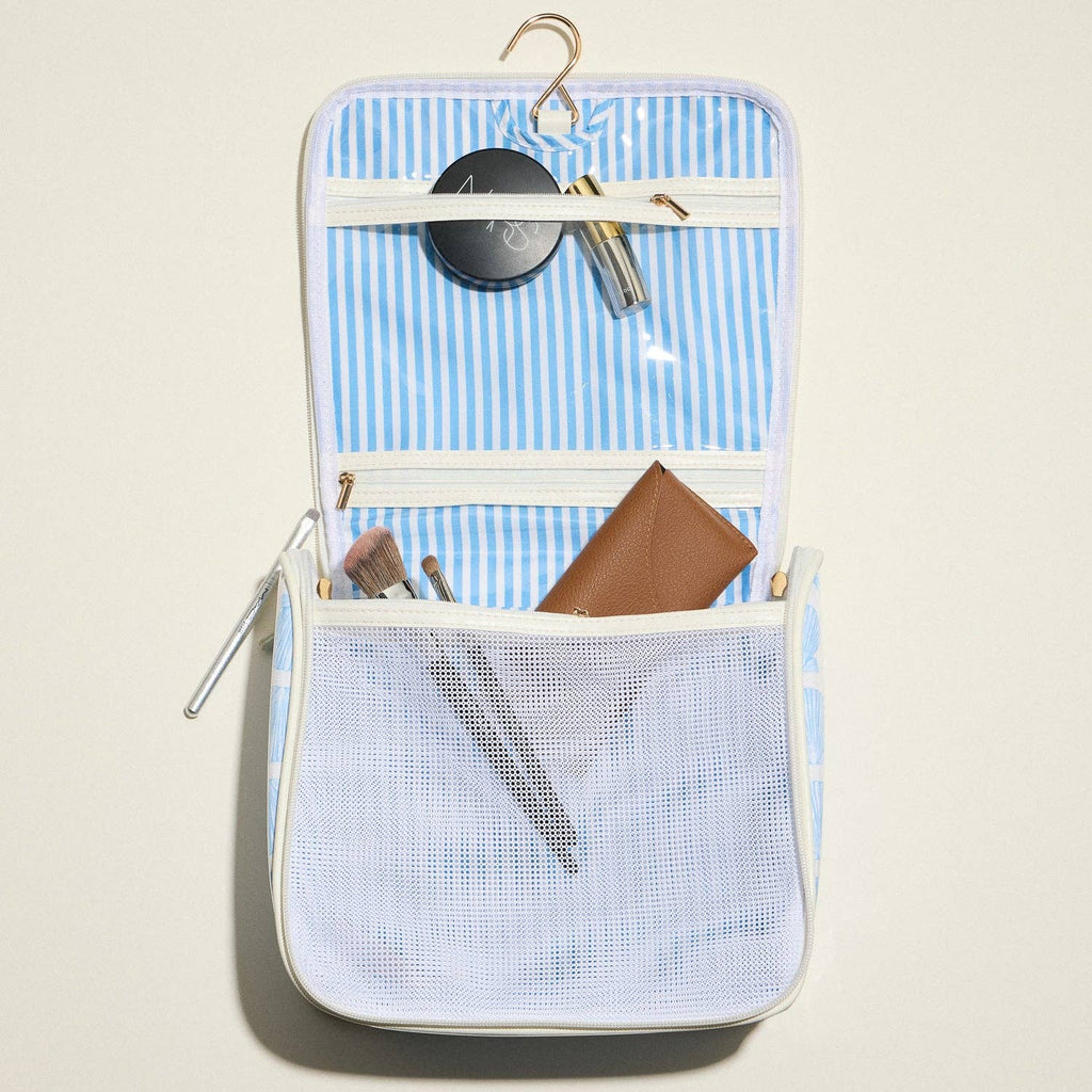 Blue Seashell Print Hanging Toiletry Bag – Travel Makeup Organizer with Hook