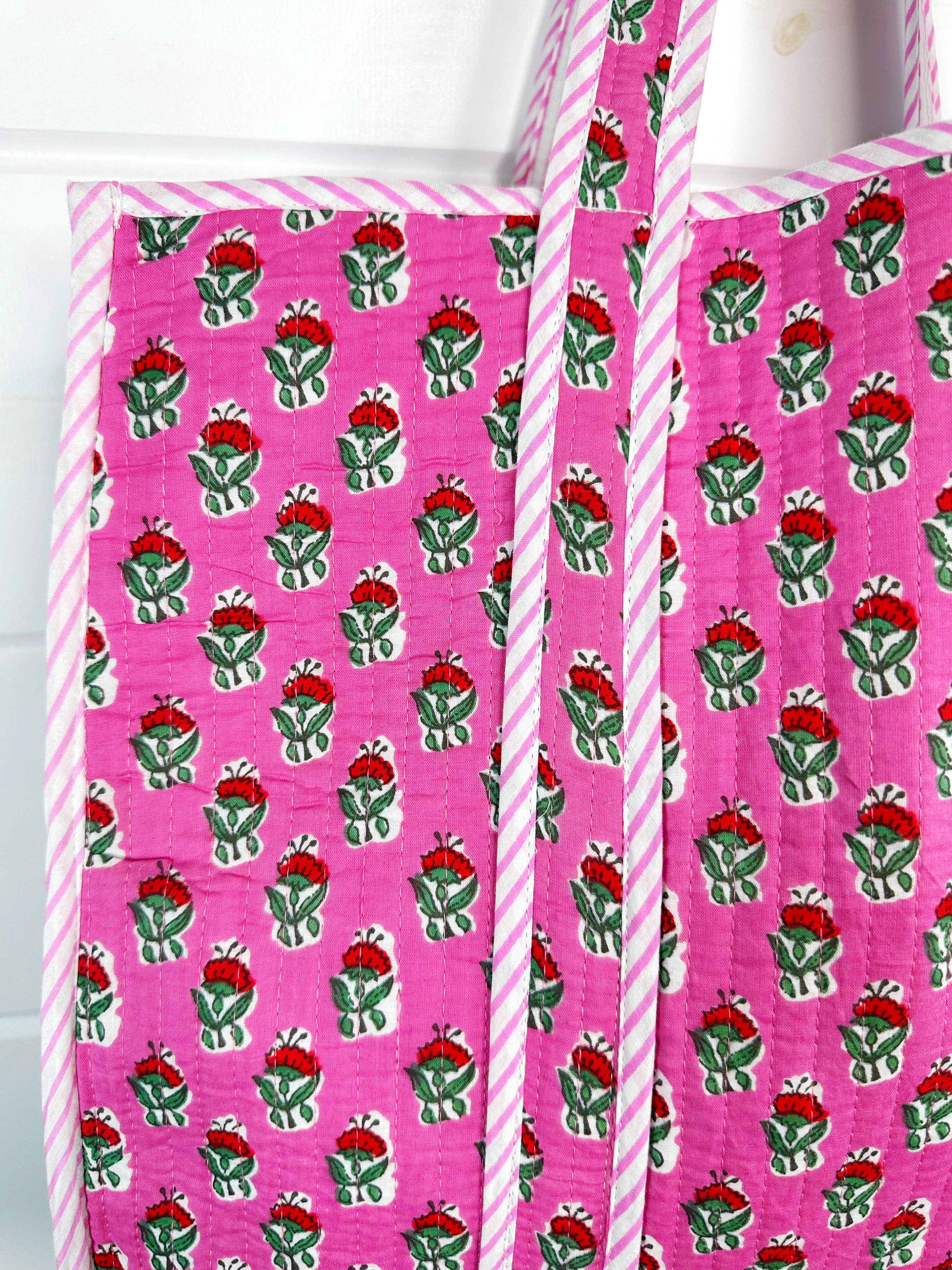 Quilted Tote Bag | Pink Floral Tote | Large Shopping Bag