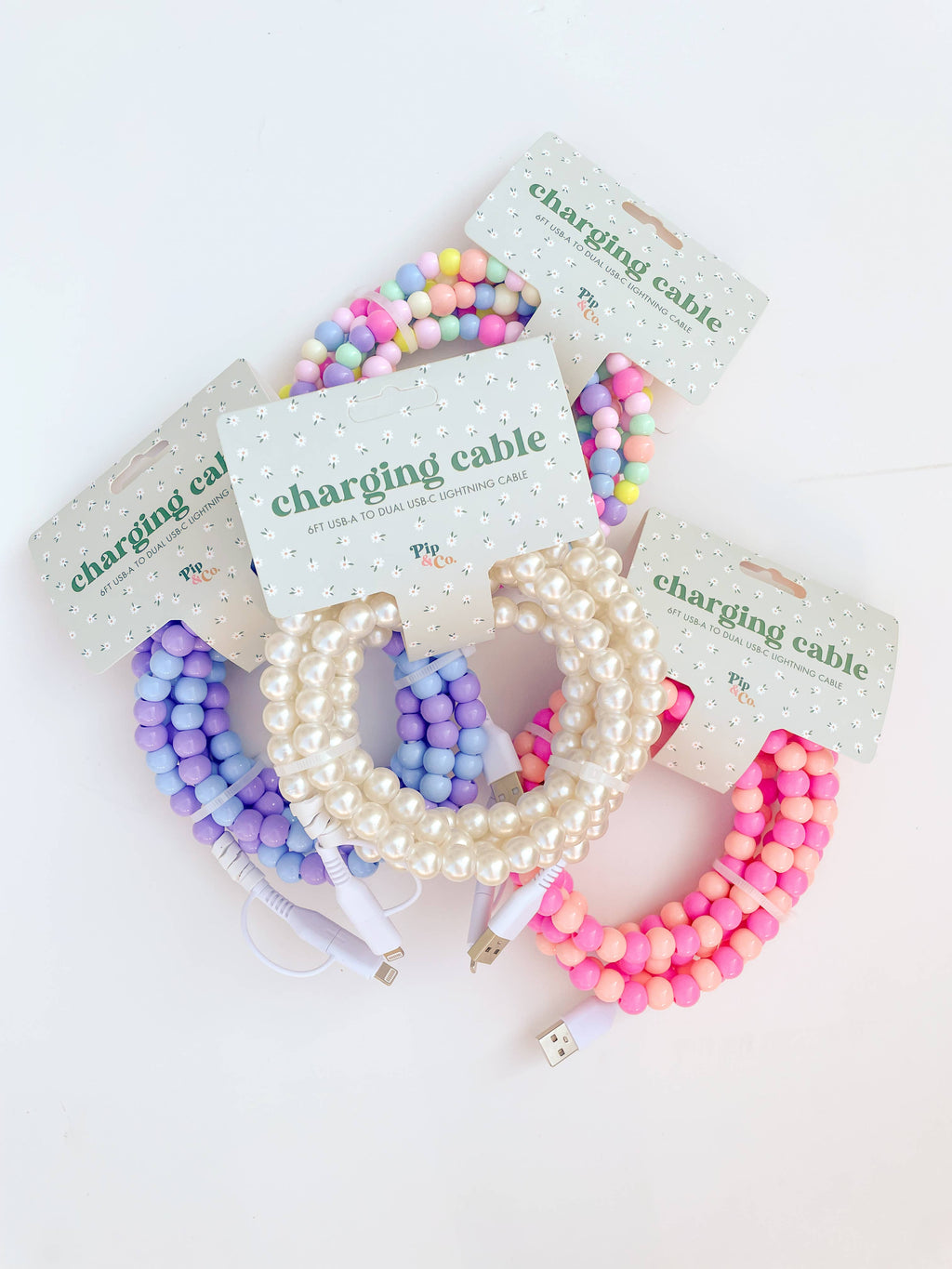 6ft Beaded Phone Charger USB-A & Dual USB-C Lightning Cable