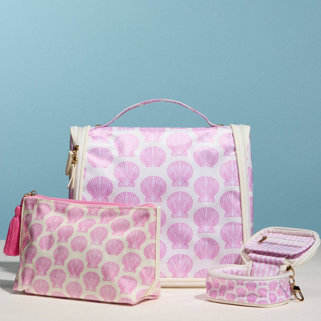 Pink Seashell Print Cosmetic Pouch – Zipper Makeup Bag with Tassel