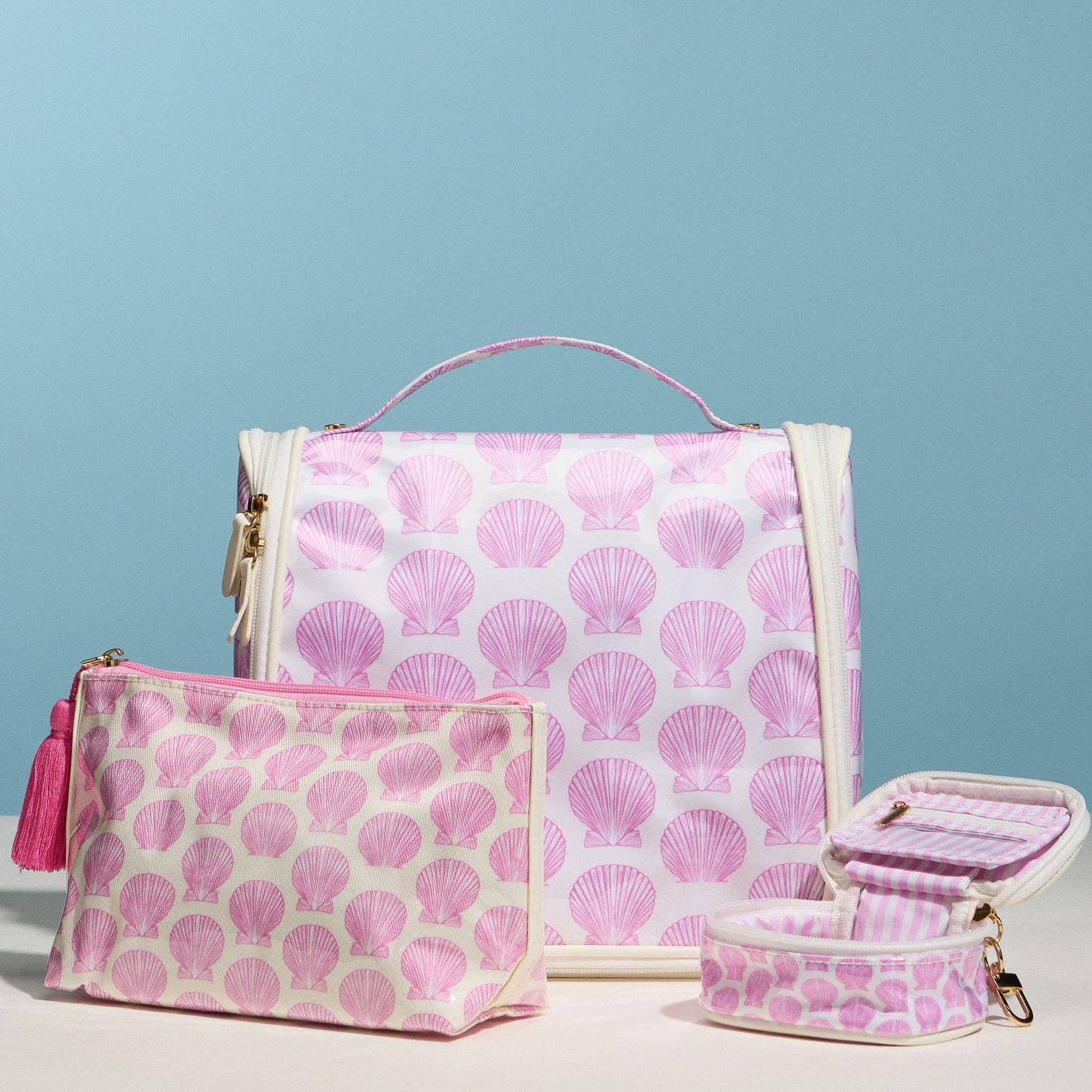 Pink Seashell Print Cosmetic Pouch – Zipper Makeup Bag with Tassel