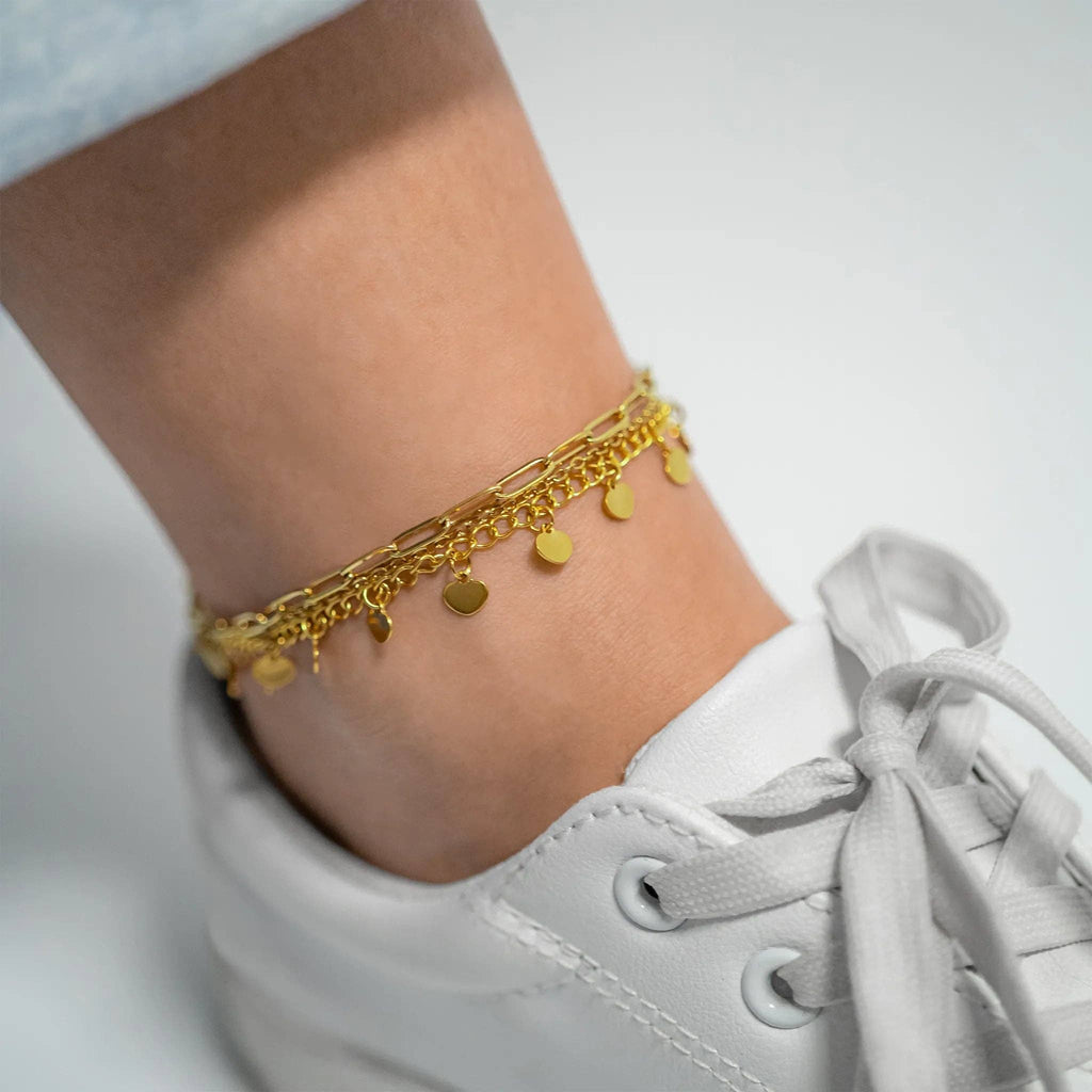 18K Gold PVD Stainless Steel Dangle Hearts Charm Anklet
