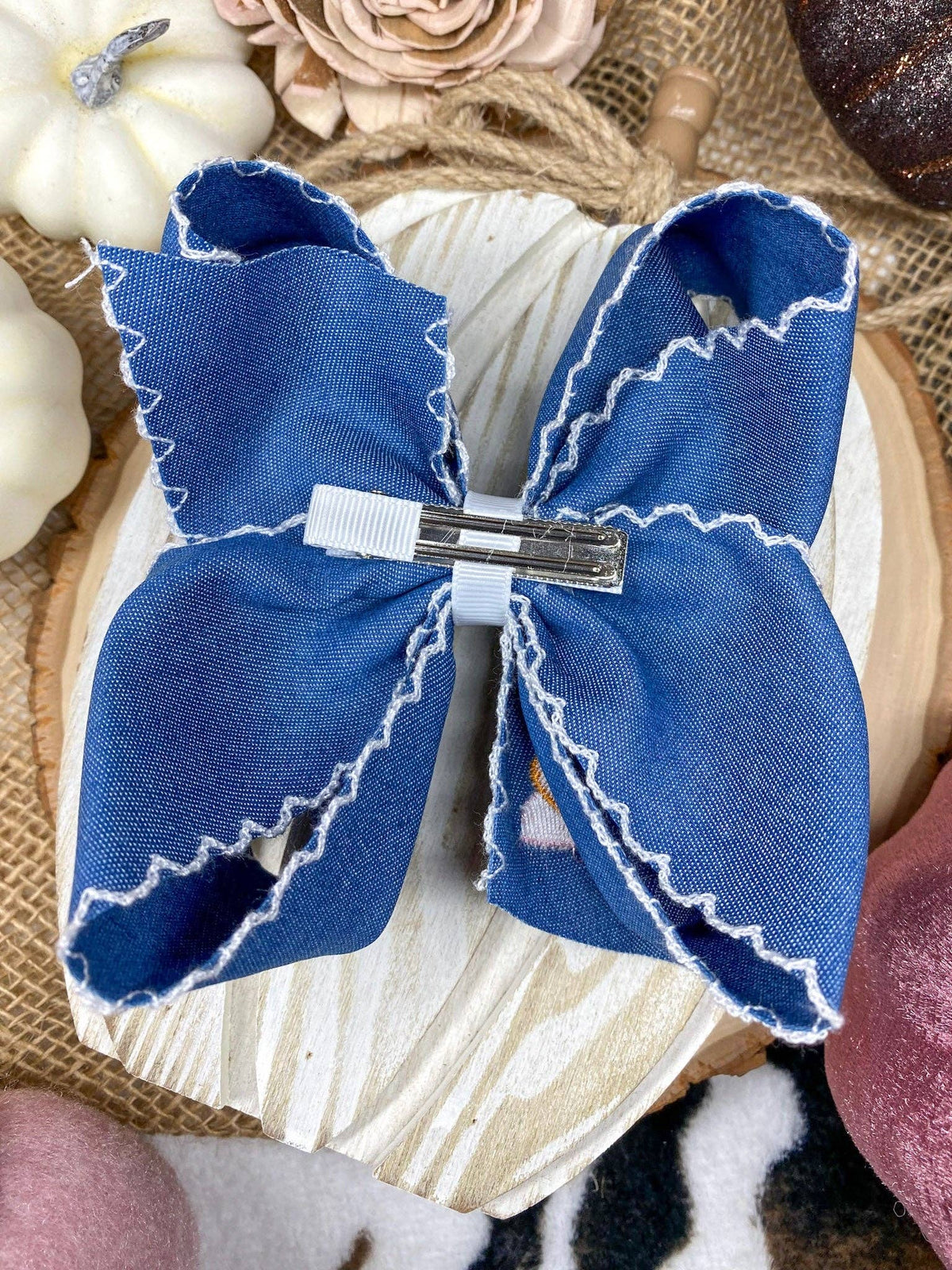 Pink Turkey Moonstitch on Denim Hair Bow | Clip or Headband