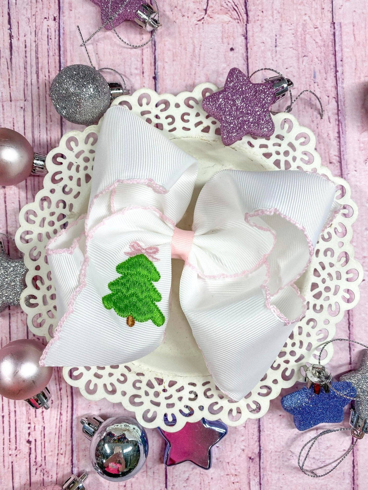 Pink Christmas Tree Embroidered Hair Bow | Clip or Headband