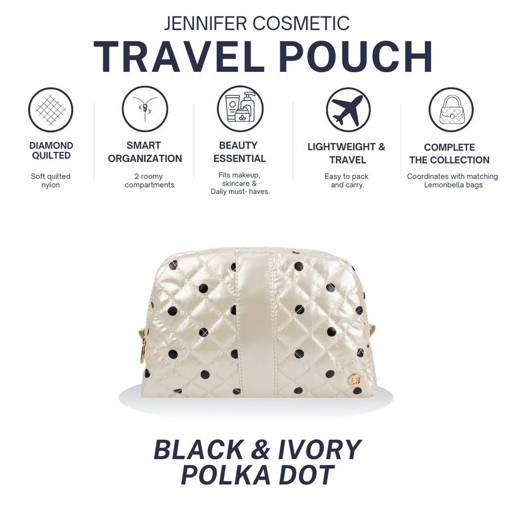 Cosmetic Makeup Bag Travel Pouch Black/Pearl Polka Dot