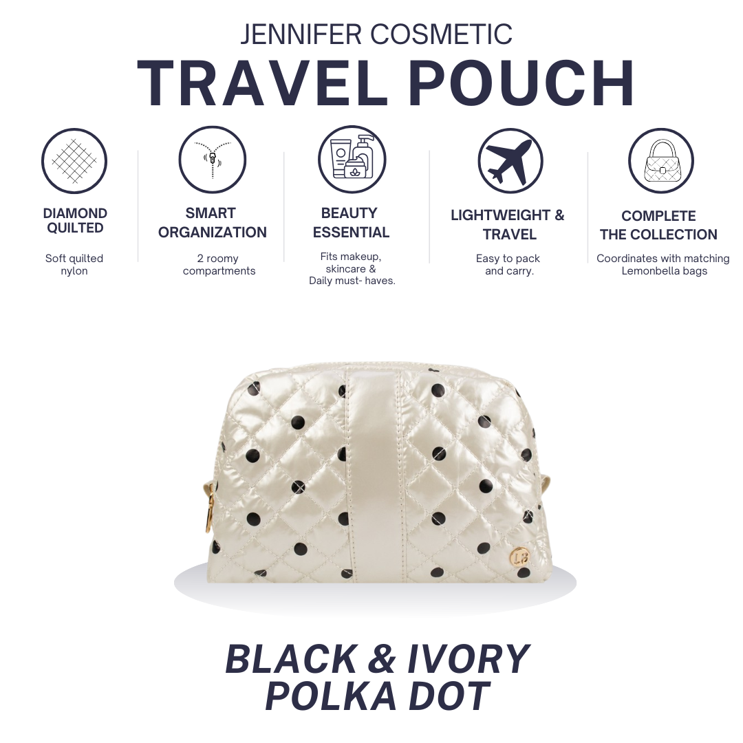 Cosmetic Makeup Bag Travel Pouch Black/Pearl Polka Dot